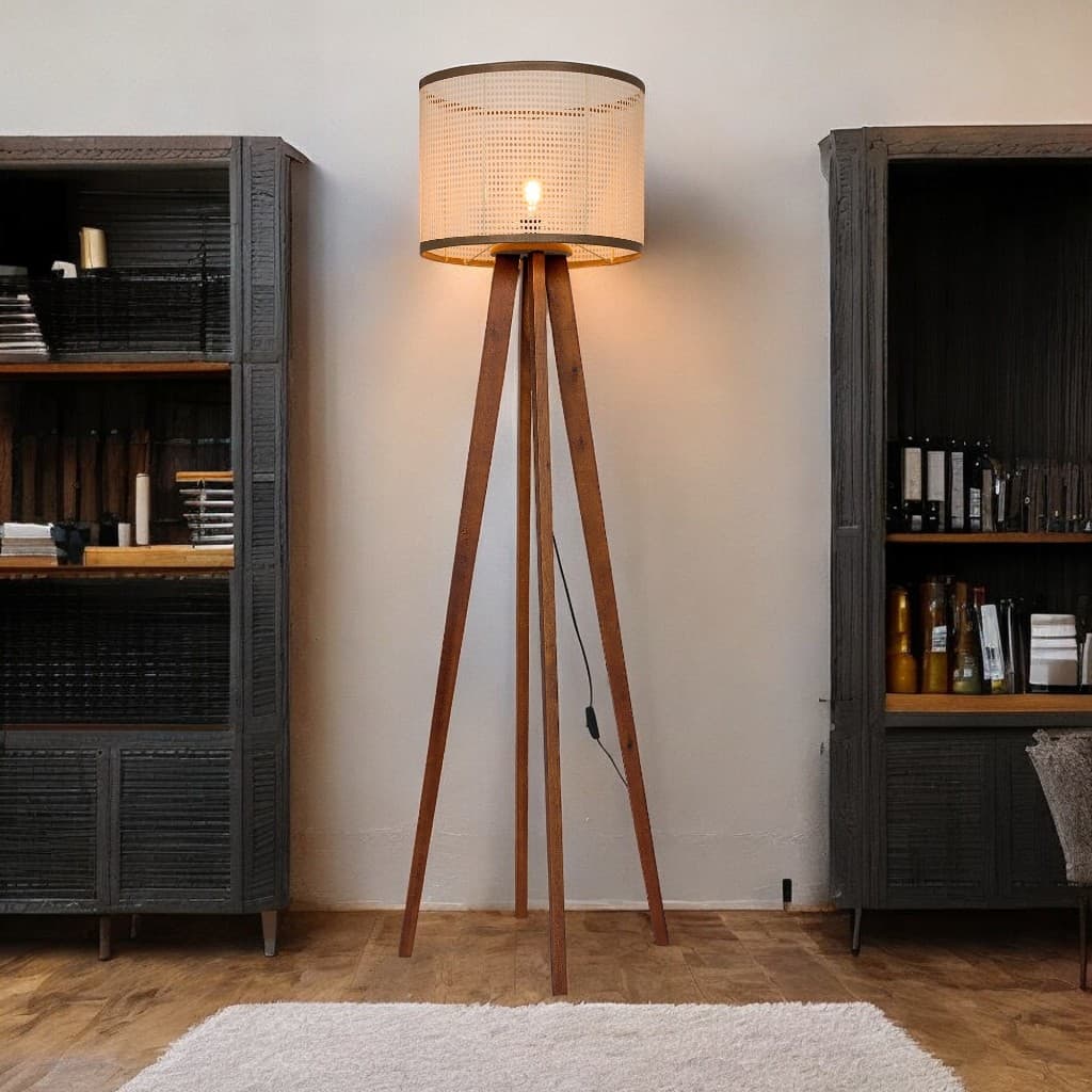 Luminária Luxo Chão Madri Tripé Madeira Tela Sintético Design Moderno Casa Sala Quarto Cozinha Escritório Estúdio