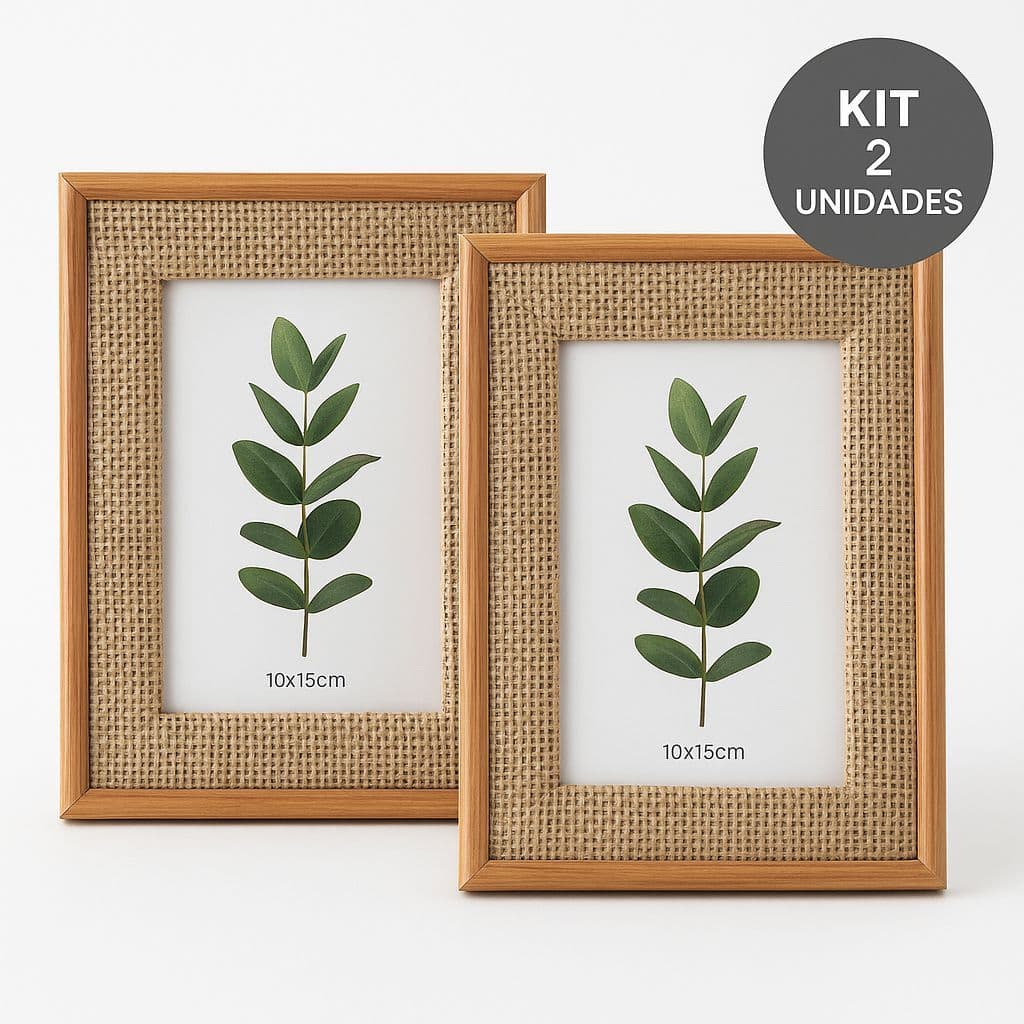 kit 02 Unidades Porta Retratos 10x15 cm Estilo Rustico InterDEcor  Decoração Juta Natural Moldura