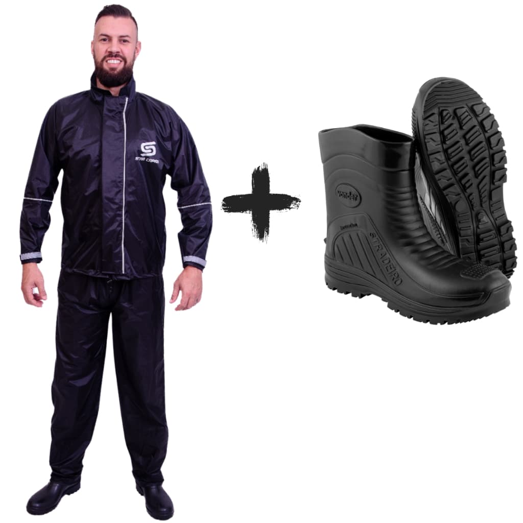 Kit Capa Roupa Para Chuva Nylon Motoqueiro Moto Motoboy Impermeável + Bota Stradeiro Vonder