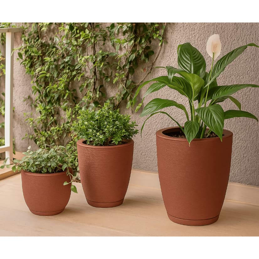 Kit 3 Vasos Premium  Coluna Bojo 1,2 com Prato Coletor para Jardim e Casa