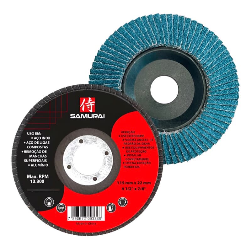 DISCO DE LIXA FLAP SAMURAI; 4 1/2”; grãos: 40, 60 ou 80; embalagem c/10 peças.