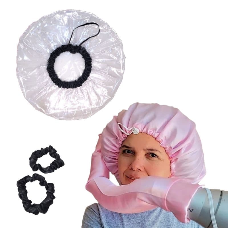 Kit Touca de Banho Plástica Simples, Touca Difusora de Cetim e Brinde