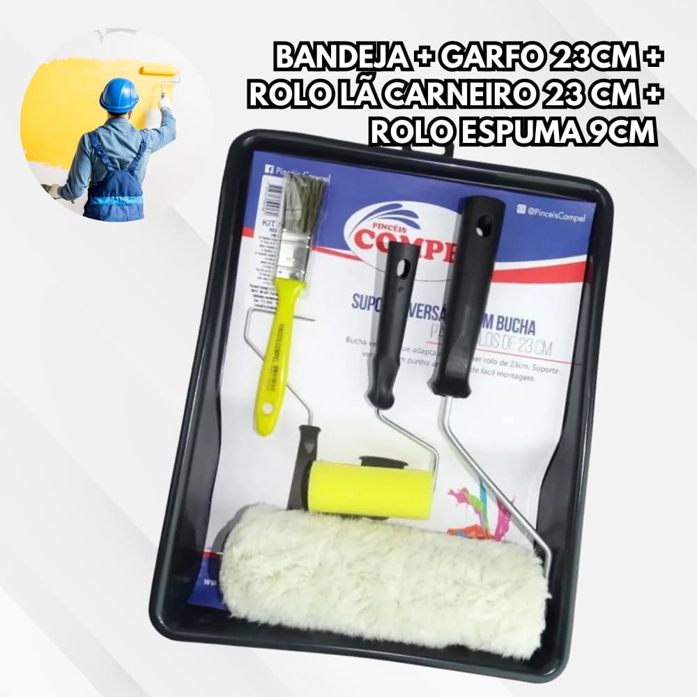 Kit Pintura com Rolo de Lã 23cm, Rolo de 9cm, Trincha 1" e Bandeja - Pincéis Compel