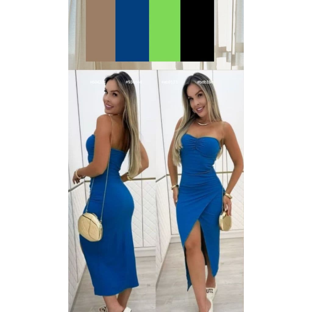 VESTIDO FEMININI MIDI FENDA NA PERNA TOMARA COM BOJO QUE CAIA CORES PRIMAVERA VERÃO
