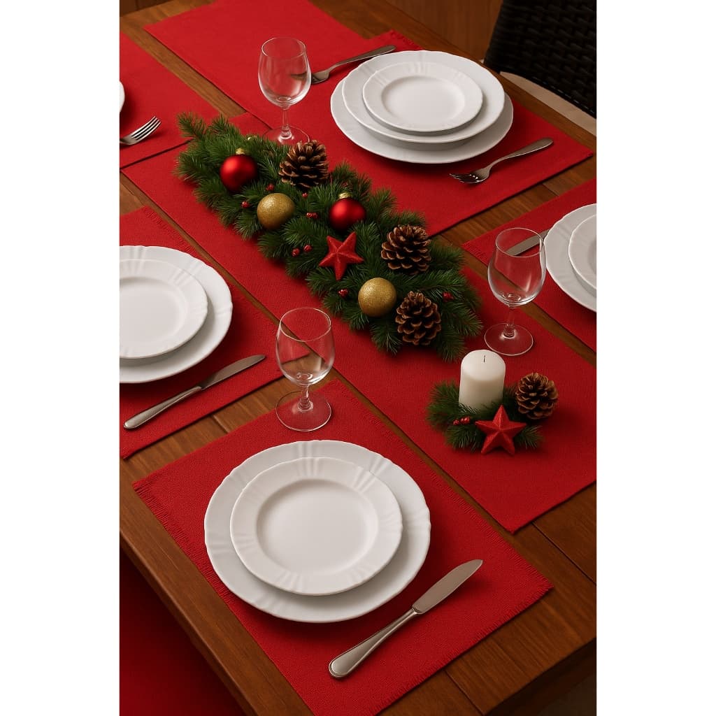 Jogo Americano Vermelho 7 peças 1 Caminho + 6 Peças Americanas - Mesa Posta Natal