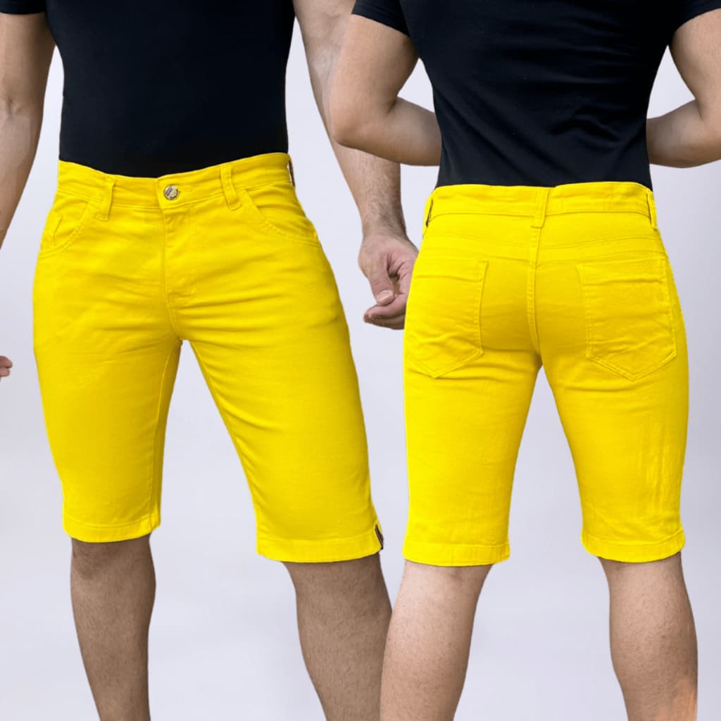 Bermuda Amarela Short Colorido Sarja Brim Bolso Relógio Com Lycra Casual Premium