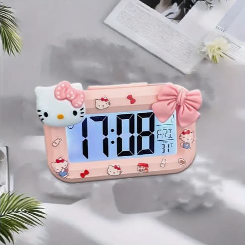 Relógio Despertador Hello Kitty Sanrio Rosa Tela Grande Luminoso Fofo Anime Mesa Presente Laço Personalizável Adesivos
