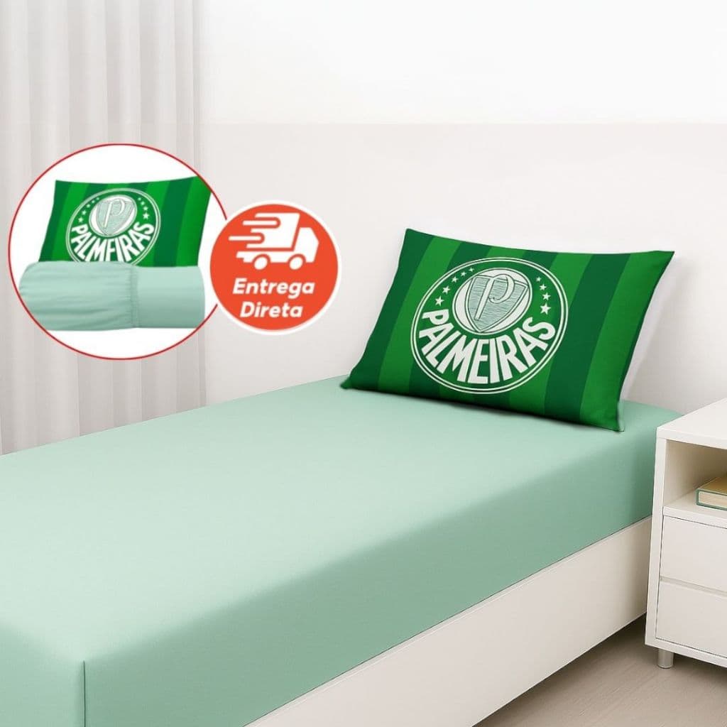 Jogo de Cama Infantil Palmeiras 2 Peças Solteiro Lençol de Elastico Futebol