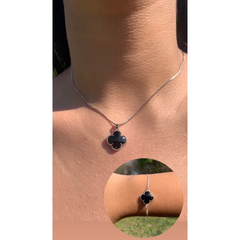 Conjunto Trevo Preto Colar e Pulseira Estilo Vintage Super Elegante Feminino Prata