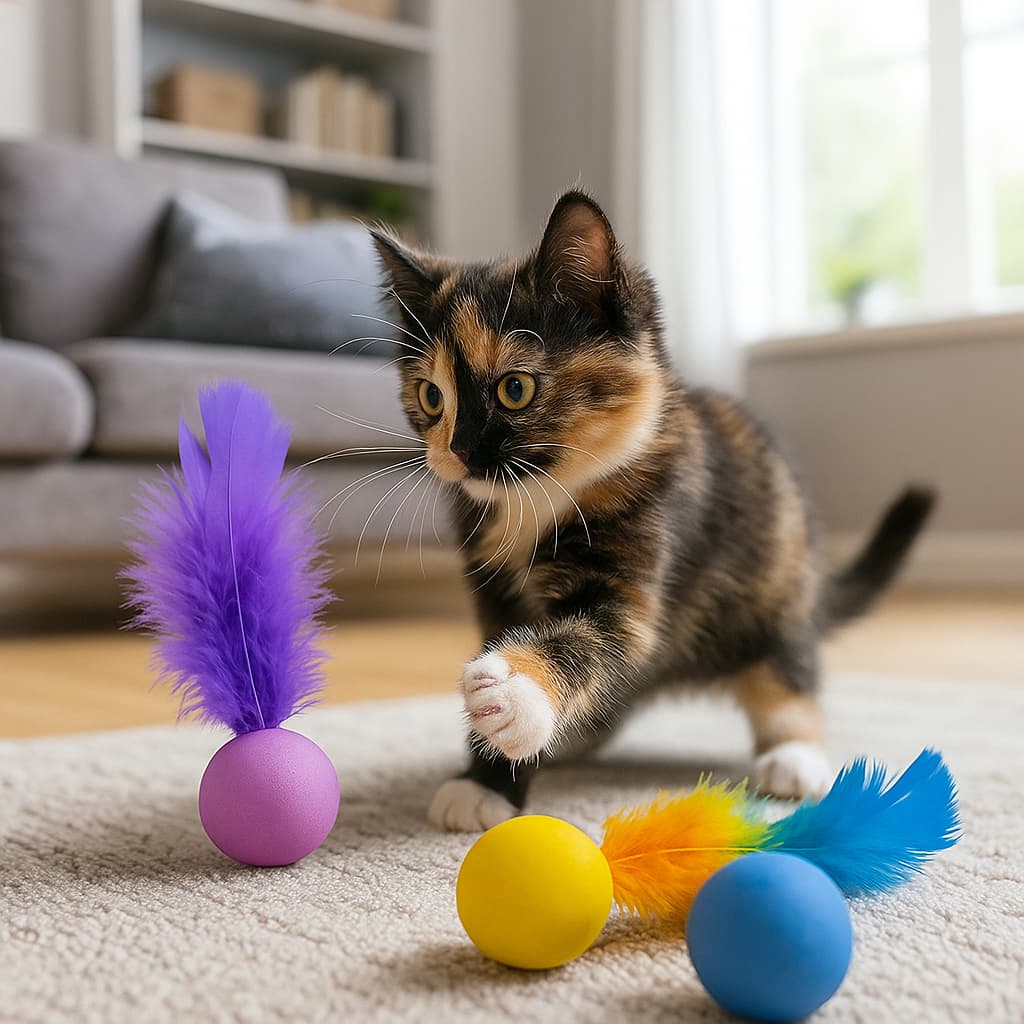 Kit com 3 Brinquedo Bolinha para Gatoscom Penas - Bolinhas Coloridas com Chocalho