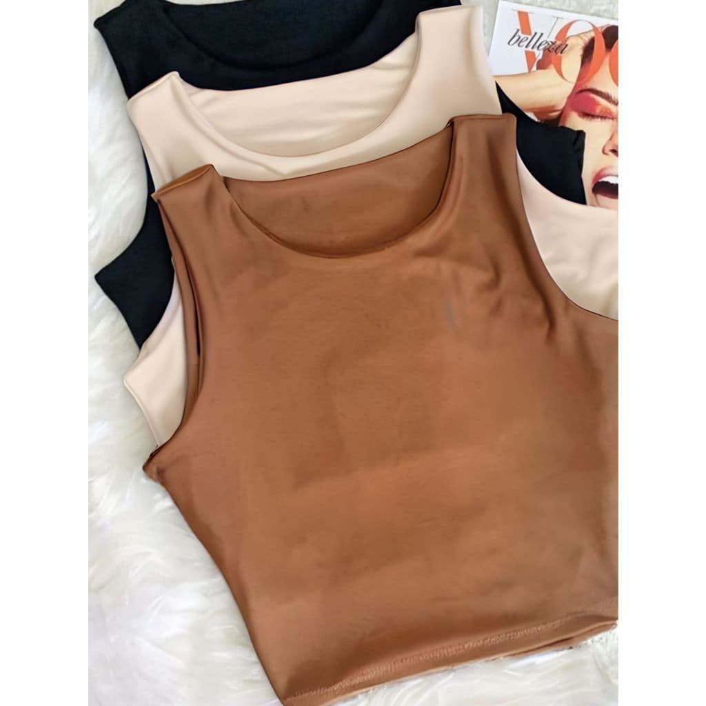 Kit 2 Cropped Regata Feminino Suplex Forrado Gola Redonda