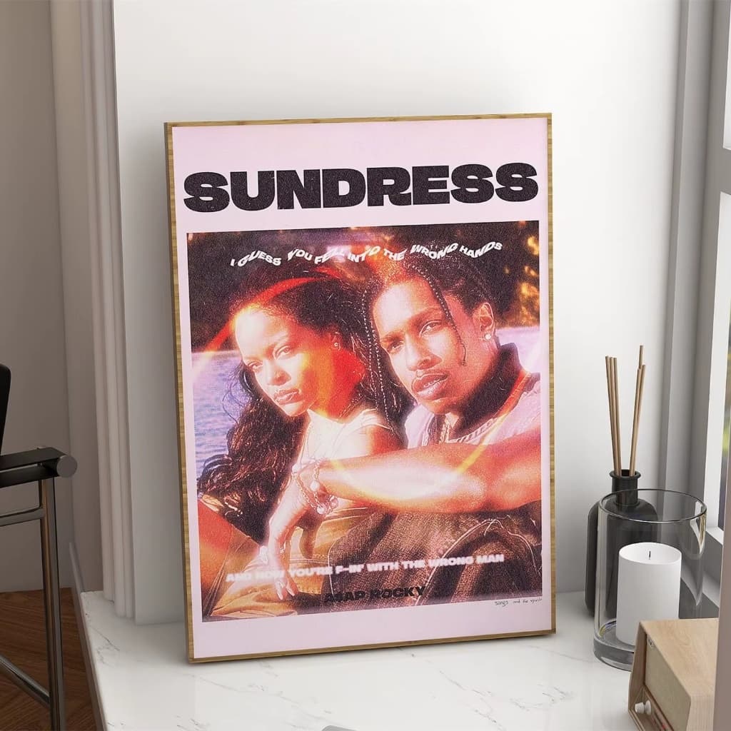 Quadro decorativo Asap Rocky e Rihanna em paisagem iluminada (1 peça)