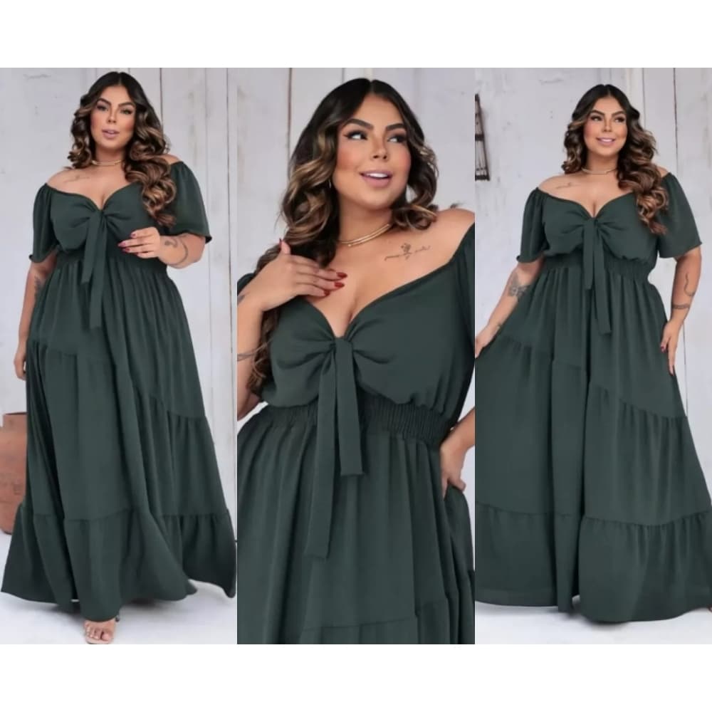Vestido feminino Plus Size  Longo Com Manga curto e Decote V G1 G2 G3  Moda Blogueira Estampado E Liso Tam 50 ao 58