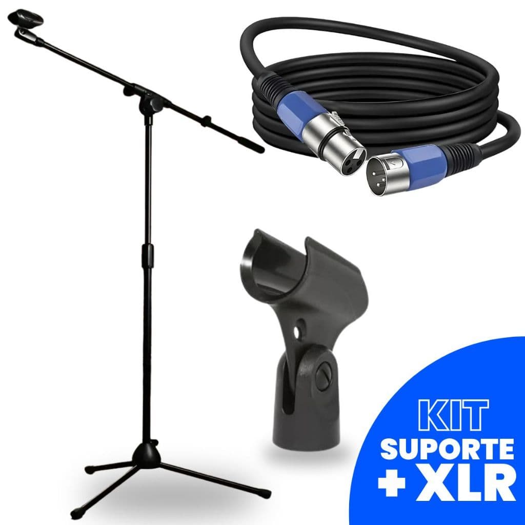 Suporte Pedestal Tripe Universal para Microfone + Cabo XLR 5m Fio Shure Sennheiser Kadosh Dylan Le Son Akg Profissional