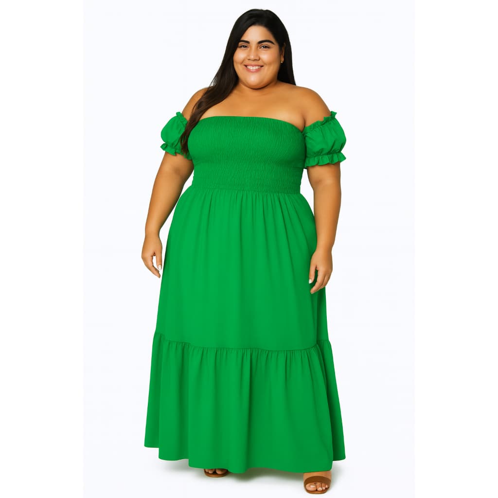 Vestido Longo Plus size Manga Ciganinha  Liso Lastex Feminino Soltinho Moda Casual Elegante Evangelica Festa Casamento