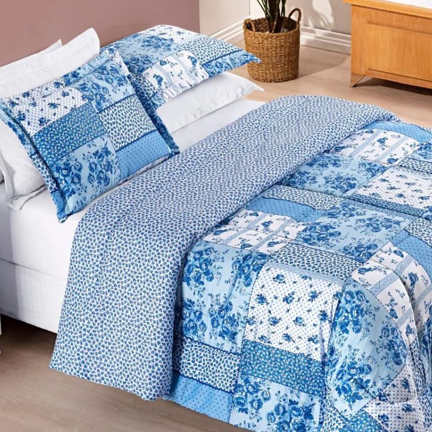 Kit Edredon Cama KING /QUEEN/SUPER KING 3 peças Estampado Dupla Face, Matelado Azul Sereno! Envio Imediato!