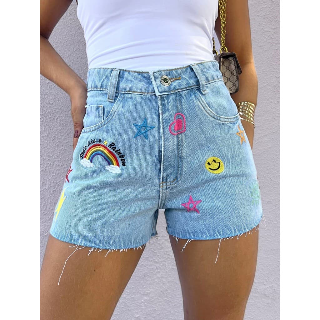 Short Jeans Cintura Alta Short Bordado Femininas Moda jeans sem lycra