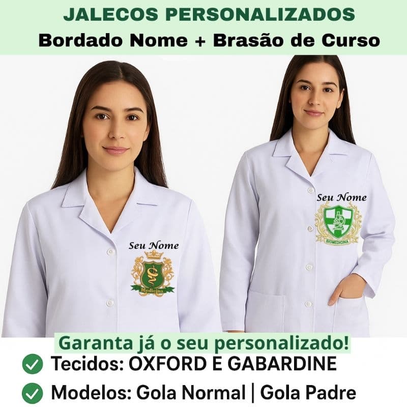 Jaleco Feminino Bordado Personalizado Nome + Brasão de Curso Acinturado Gabardine/Oxford Gola Padre/Normal Manga Longa