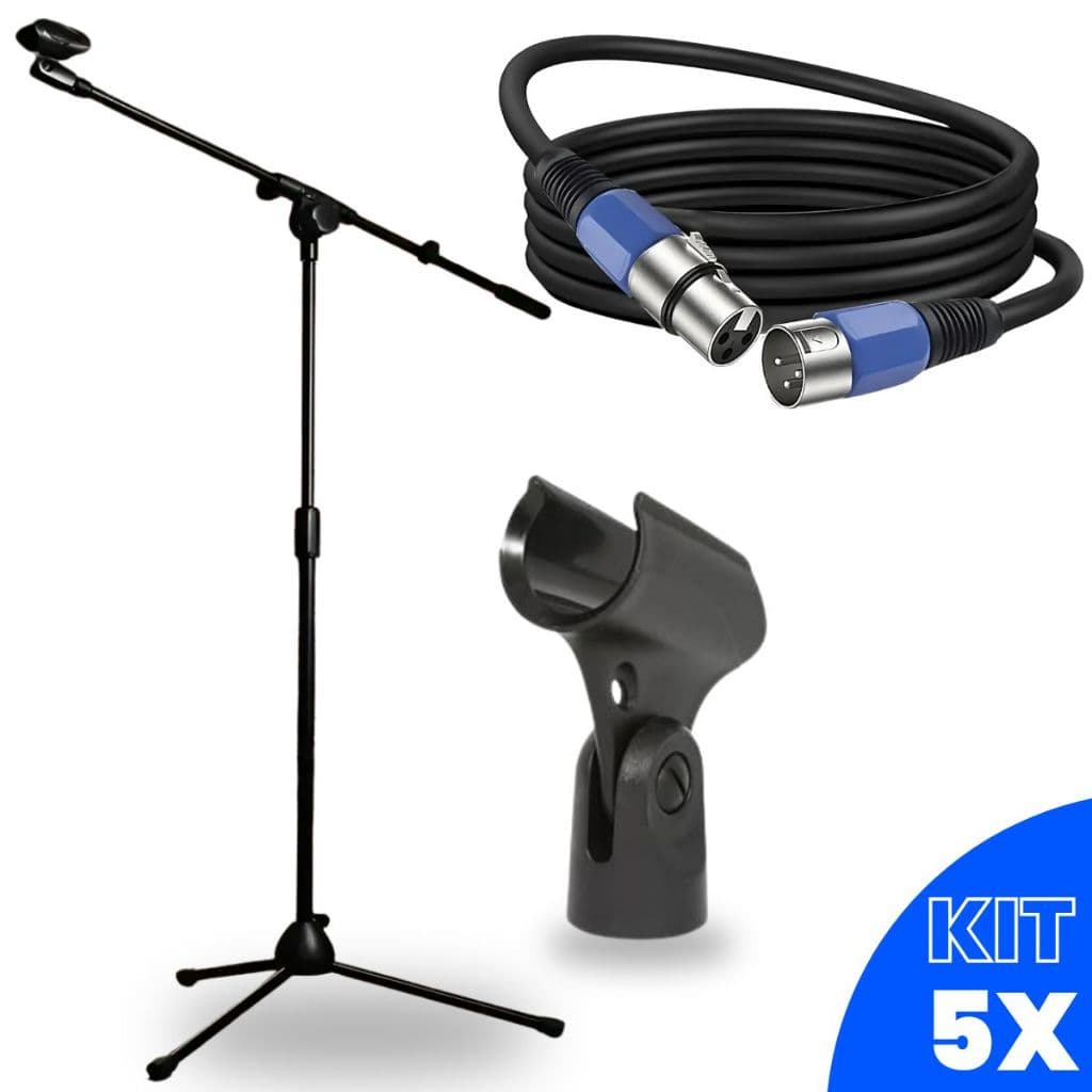 Kit 5 Suporte Pedestal Tripe Universal para Microfone + 5 Cabo XLR 5m Fio Shure Sennheiser Kadosh Dylan Profissional