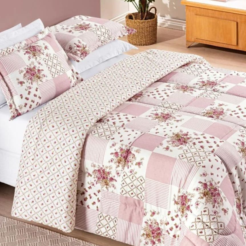 Kit Edredon Cama KING /QUEEN/SUPER KING 3 peças Estampado Dupla Face Matelado Bouti Rosa Maturo! Envio Imediato!