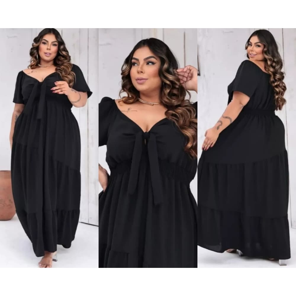 Vestido Longo Plus Size Decote V 3 Marias Manga Curta