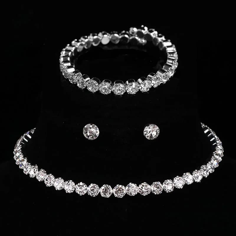 Conjunto de Joias Femininas Colar  Brinco e Pulseira Luxo Cristal Strass para Casamento Festas Presente