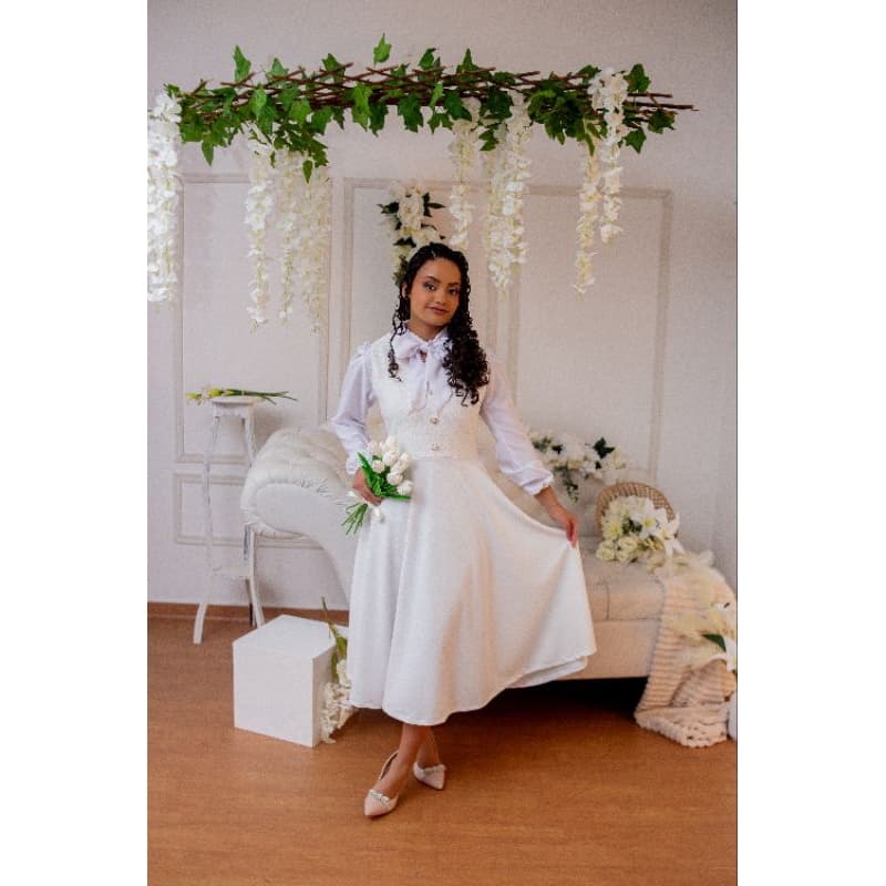 Conjunto Feminino Elegante Vestido Branco Noiva Casamento Civil Final de Ano Novo Wedding 2 pçs