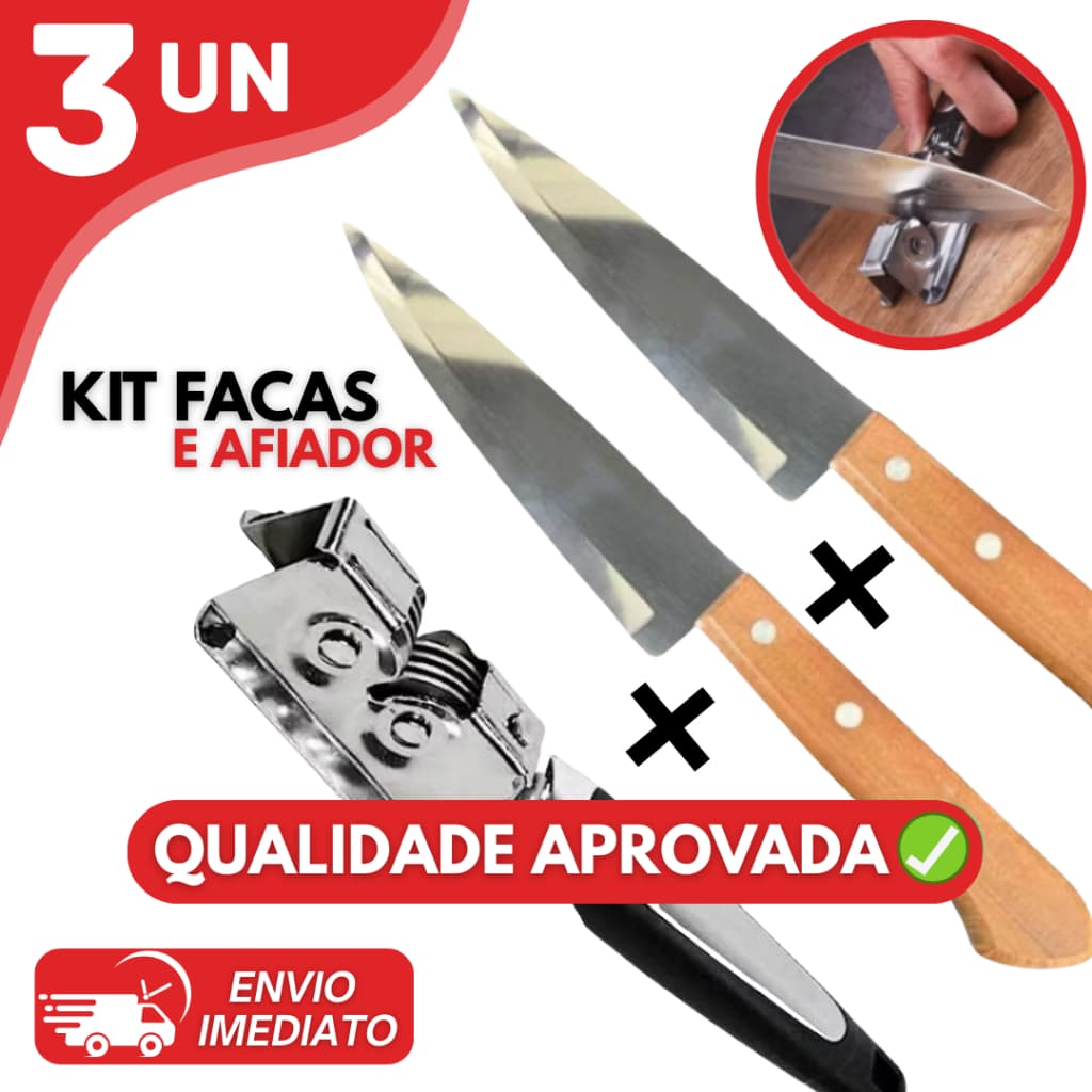 2 Facas 6” e Amolador Manual Aço Inox Cabo de Madeira para Cozinha