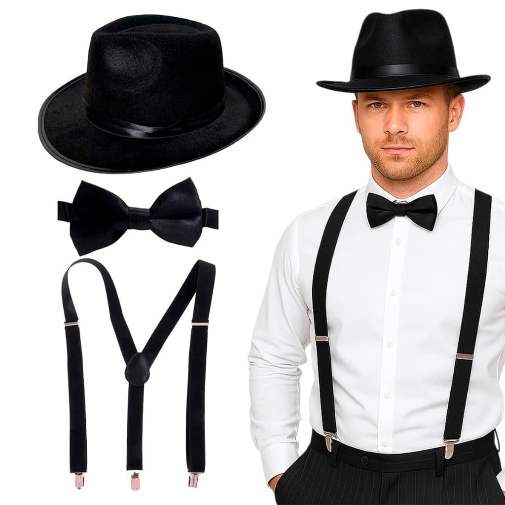 Kit Acessórios Fantasia Gangster Mafioso Chapéu + Gravata + Suspensório