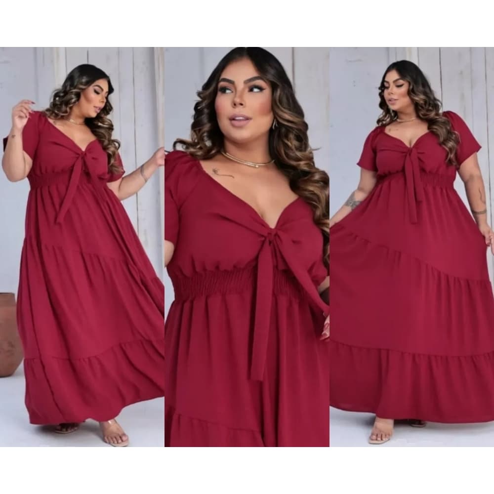Vestido Feminino  Plus Size Longo Com Manga e Decote |50 ao 56