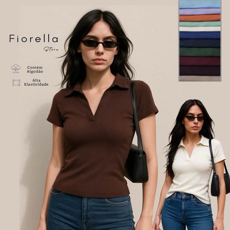 Blusa Feminina Polo Canelada Casual, Blusinha Tendência