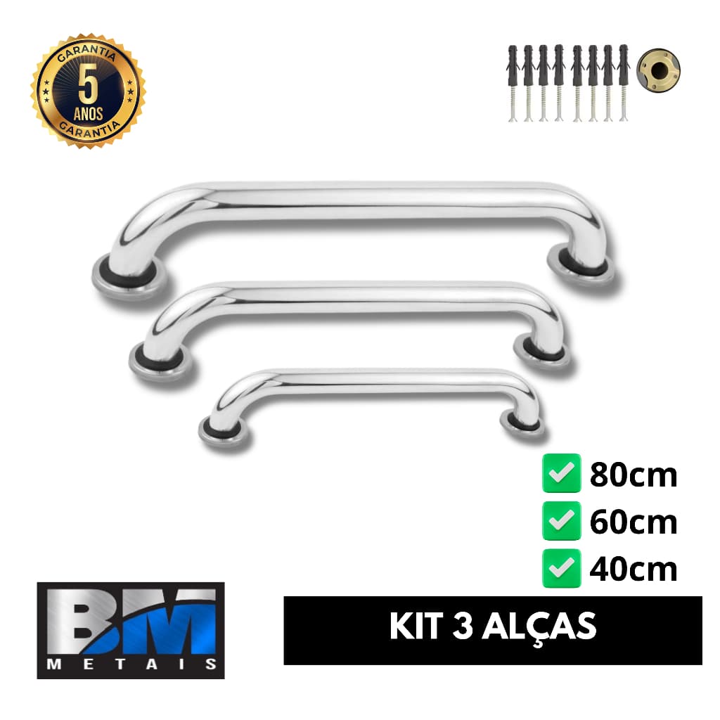 Kit 3 Alças de Apoio em Alumínio Cromado 40, 60 e 80cm – Segurança Idosos PCD Banheiro