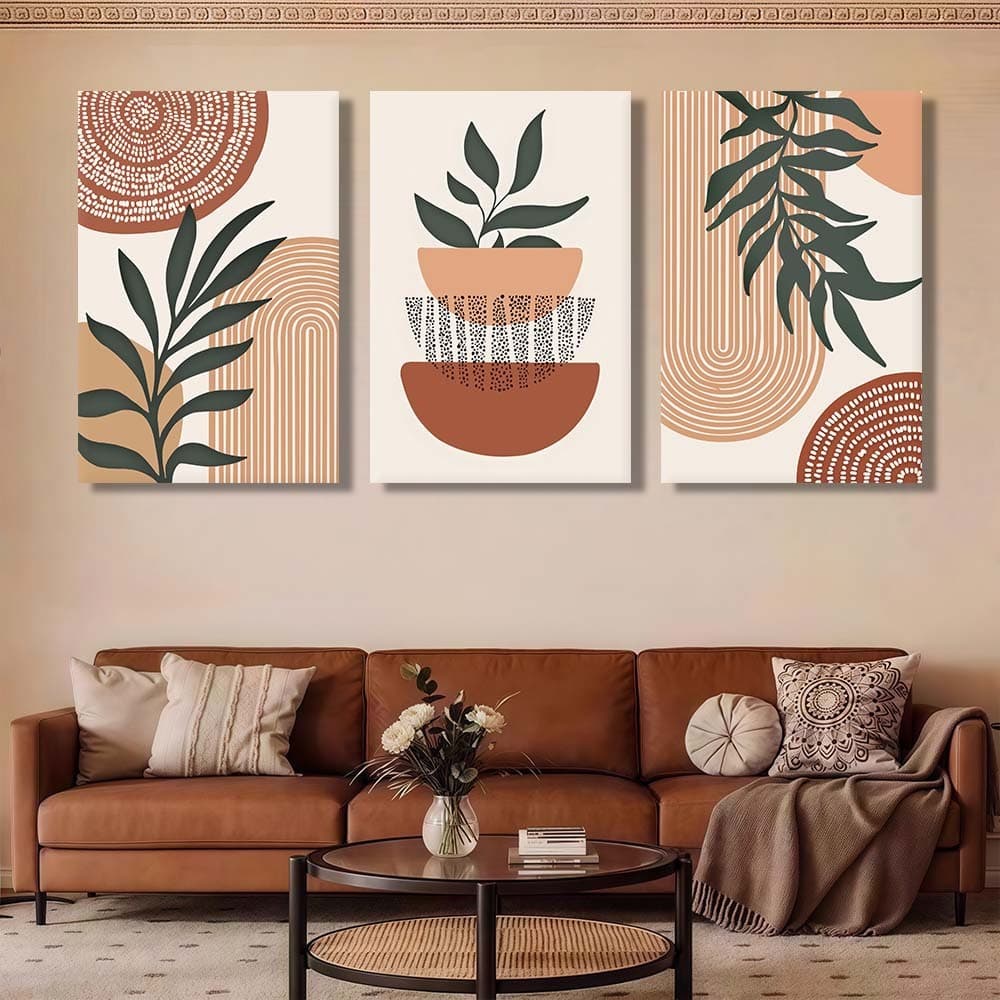Kit 3 Quadros Decorativos 40x60 Moderno Abstrato Linhas Geométricas Folhas Tropicais Decorar Casa Sala Quarto​
