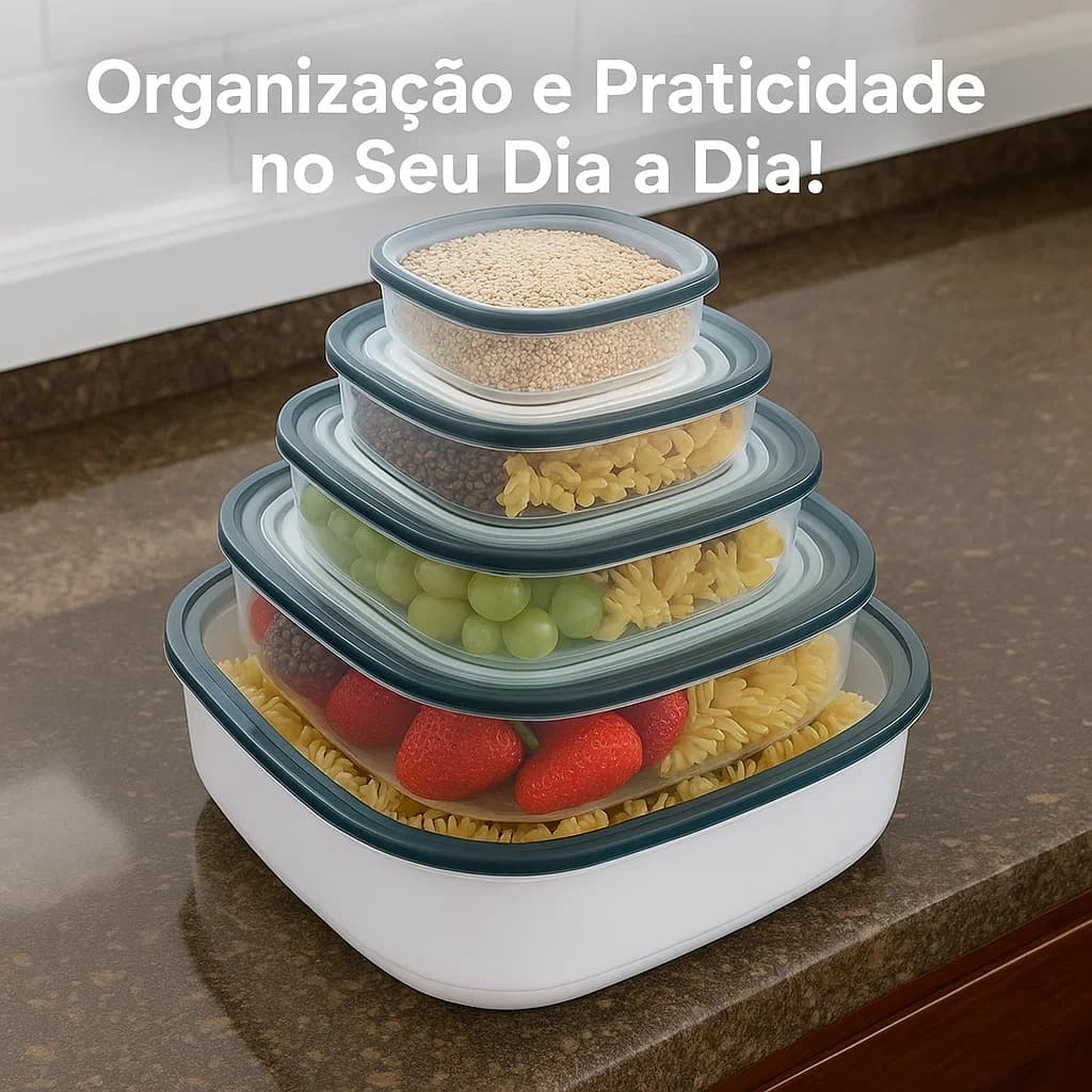 Conjunto Kit 7 Potes Quadrados Plástico com Tampa Hermético BPA Free Organizador Epilháveis Multiuso Micro-ondas Freezer