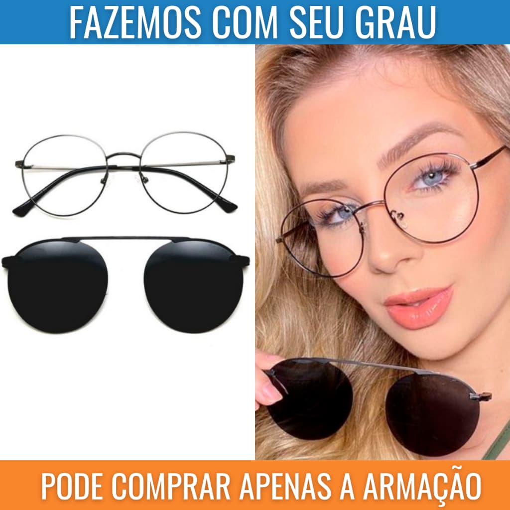 Óculos 2 em 1 Redondo Metal Masculino/Feminino Lentes Polarizadas