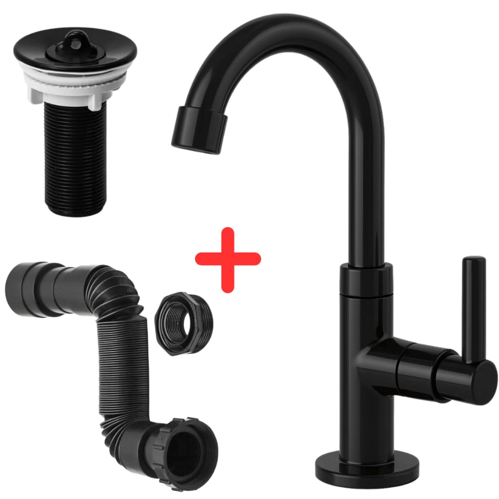 Kit Para Cuba Lavatório Torneira Pia de Banheiro Preta ABS + Valvula 7/8 + Sifão Universal