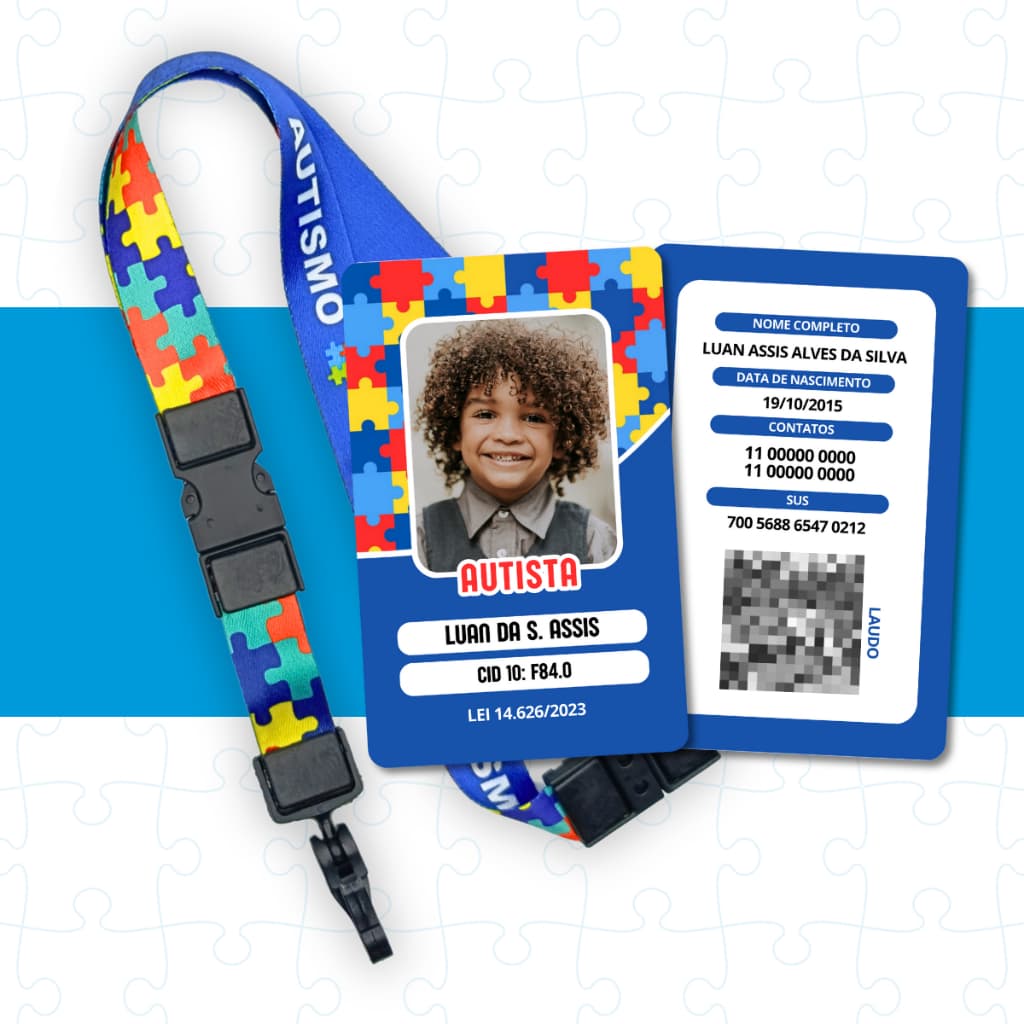 Kit Cordão + Crachá PVC Autismo com Laudo em Qrcode - Crachá Personalizado Não oficial Autista Azul