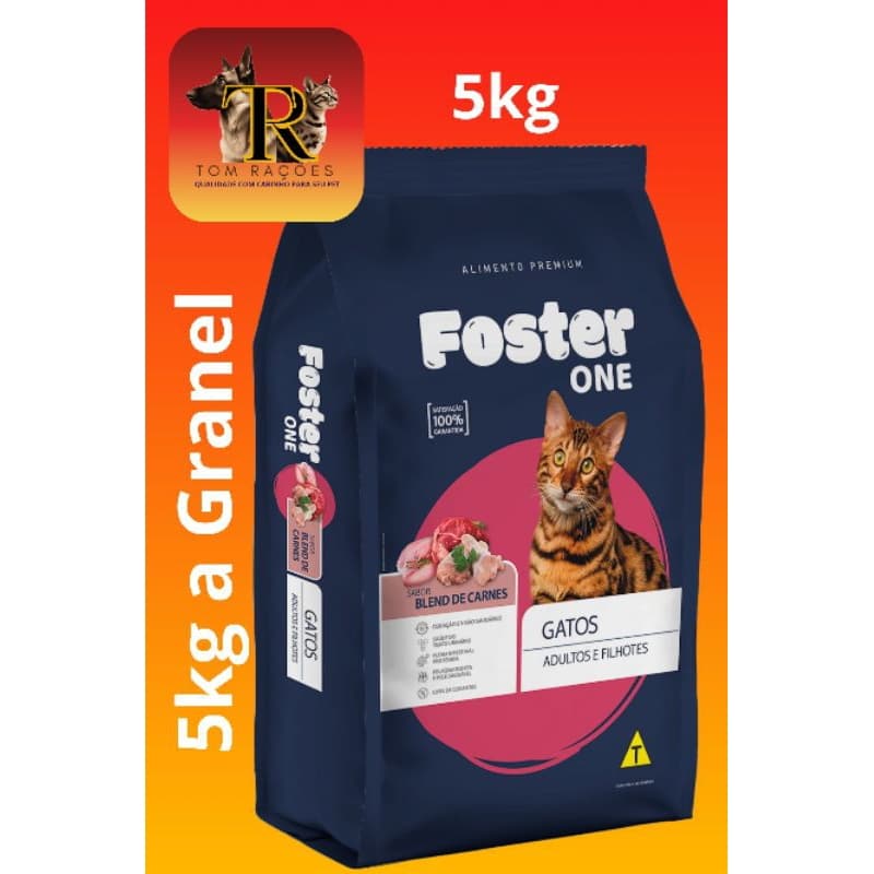 5kg a granel, FOSTER ONE PREMIUM GATOS ADULTOS E FILHOTES, sabor Blend de Carnes, 30% de proteínas, 100% de satisfação.