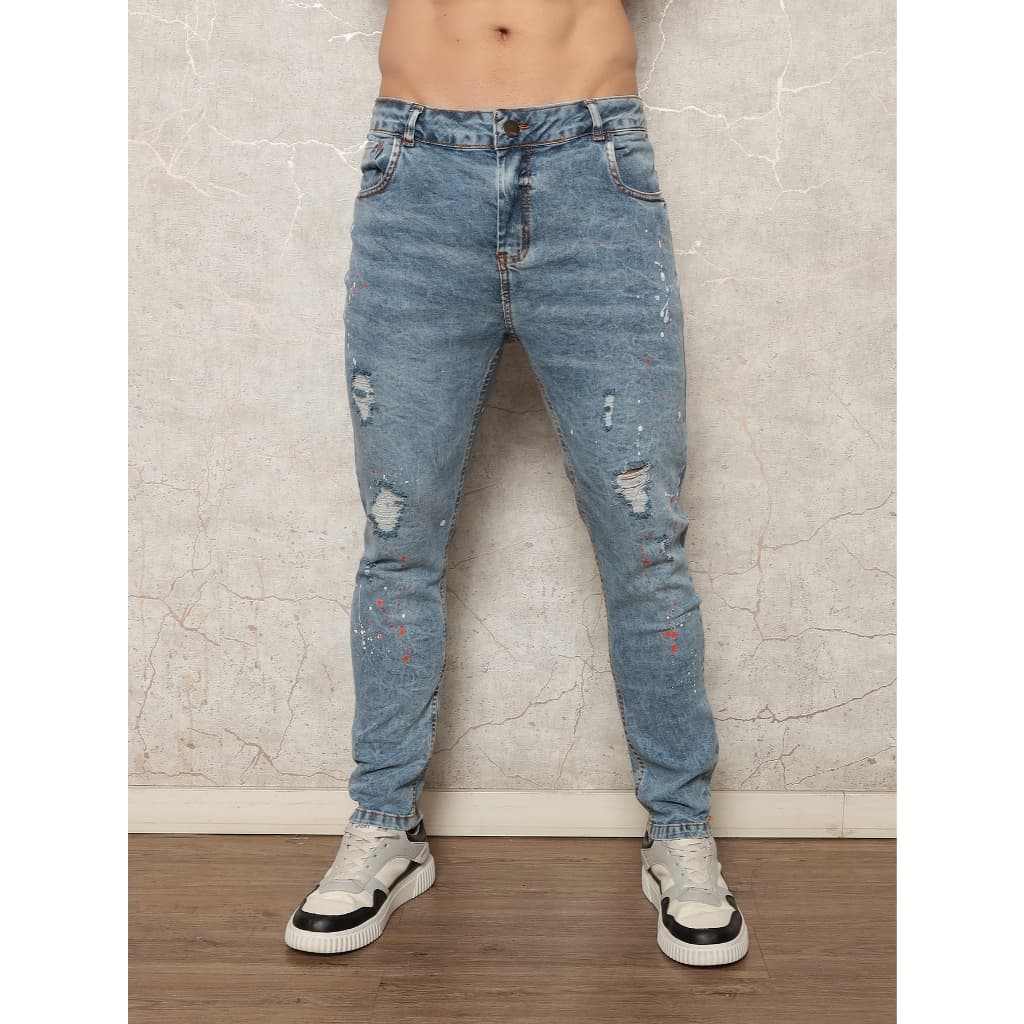 Calça jeans skinny masculina de algodão rasgado e desfiado