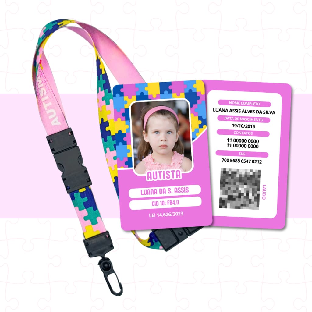 Kit Cordão + Crachá PVC Autismo com Laudo em Qrcode - Crachá Personalizado Não oficial Autista Rosa