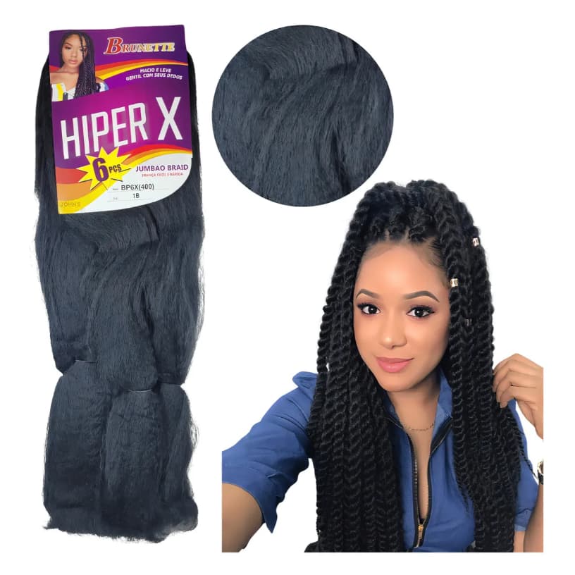 Cabelo Jumbo Trança Preto #1 Hiper X  400g Fibra Especial Para penteados Box Braids Twist Crochet
