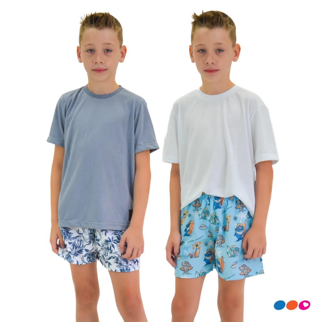 Shorts Mauricinho Estampado Folhagem Bege Ou Estampado Tubarão Azul