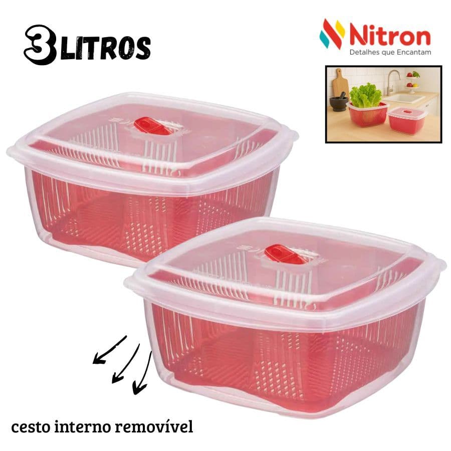 Pote Hermetico Cook Freezer Microondas Com Cesto Escorredor Interno 3 Litros Nitron