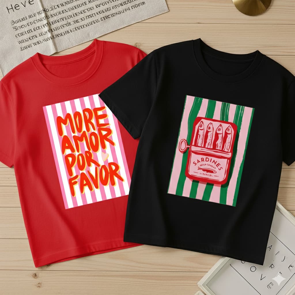Kit 2 Camiseta Básica Feminina Sardinha Blusa More Amor Por Favor Gola Redonda Tendência