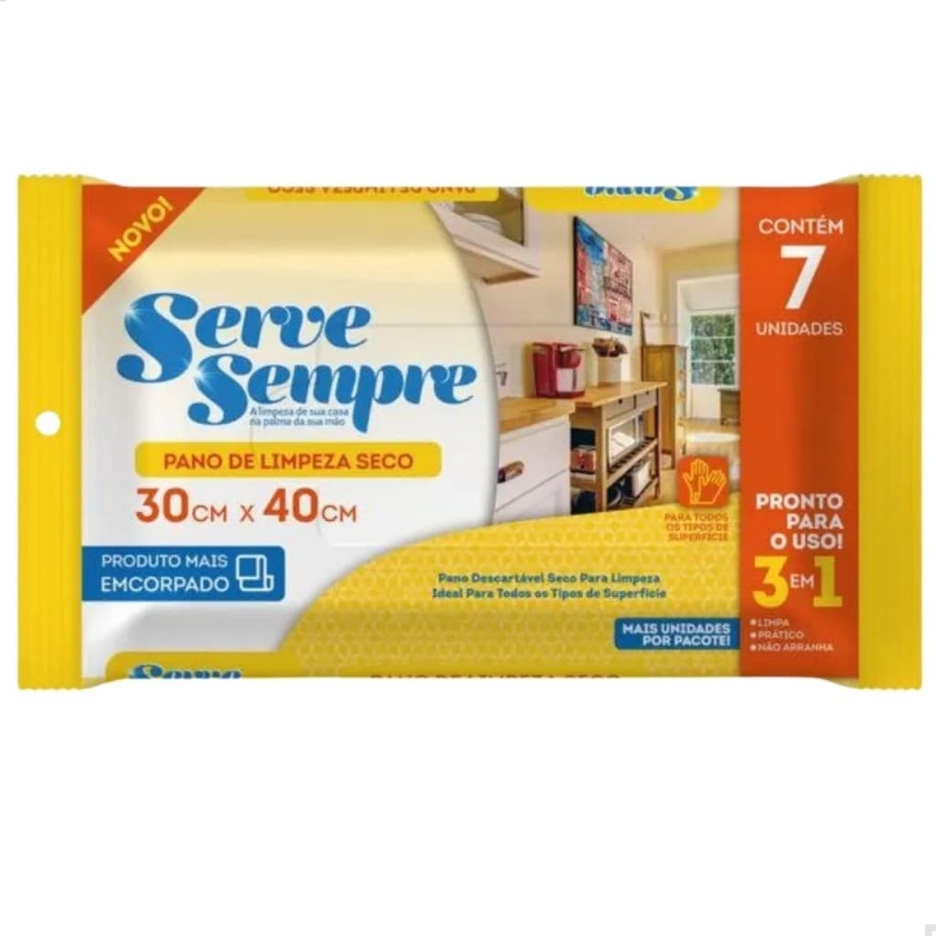 Pano de limpeza seco serve sempre 30cm x 40cm com 7 unidades