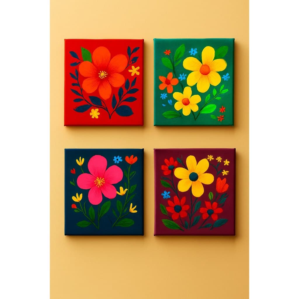 Quadros Decorativos 4p flores aquarela coloridas decoração sala quarto