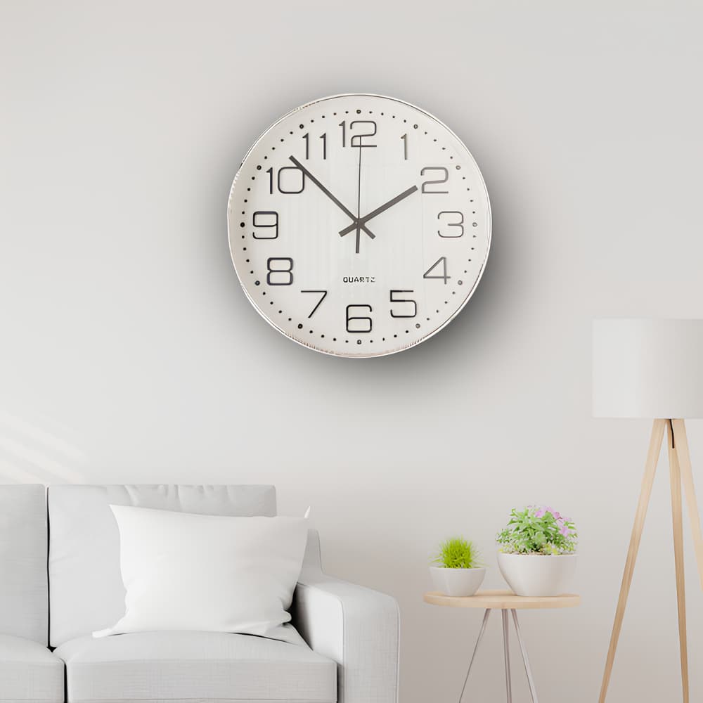 Relógio de Parede Redondo Prateado Branco Cromado 30x30cm Quartz Silencioso Moderno Decorativo
