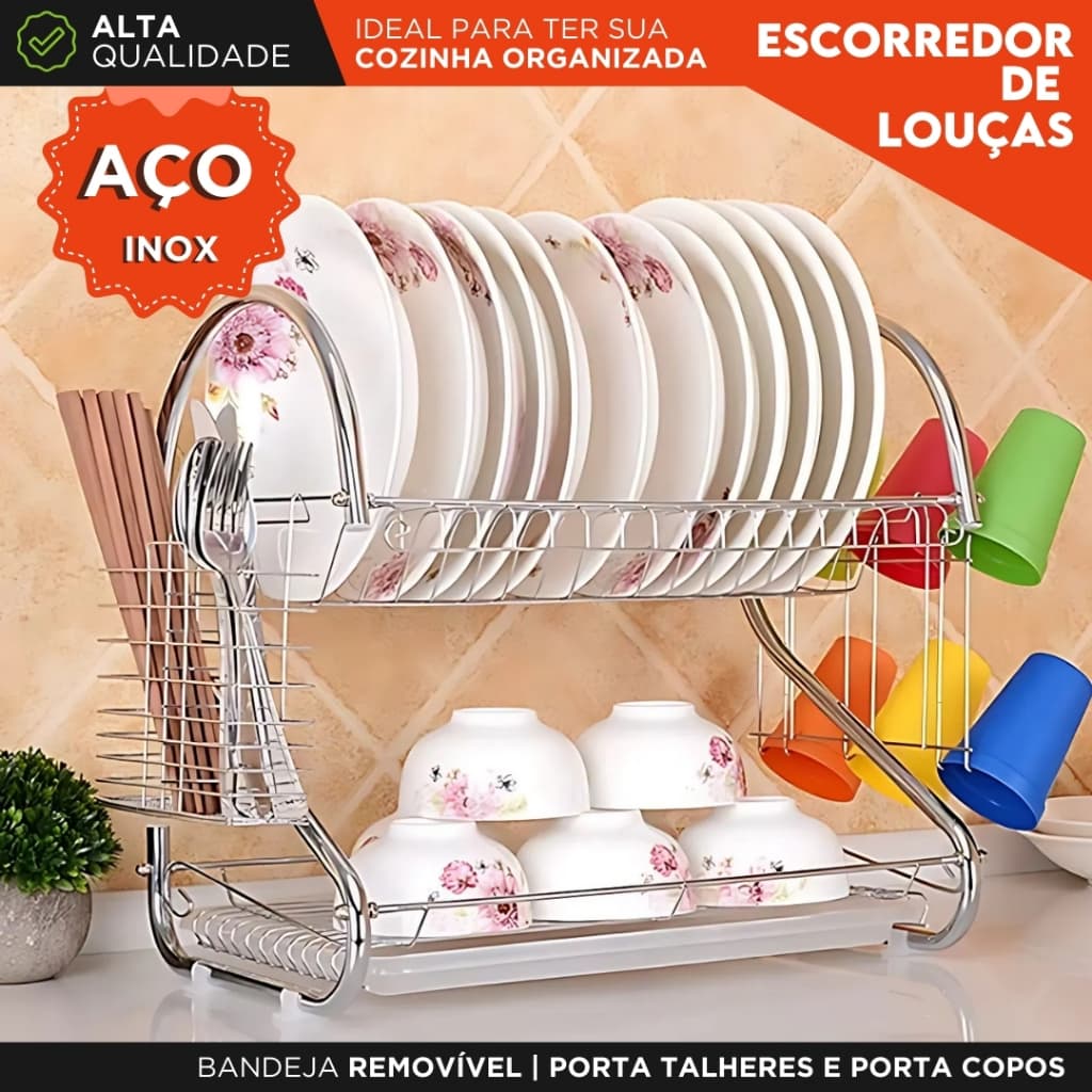 Escorredor de Louças Inox 2 Andares Duplo com Bandeja Porta Talheres e Porta Copos Para Cozinha - MZ