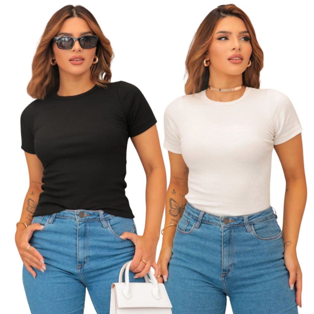 KIT 2 Blusas Ribanna Canelada Moda Feminina Casual Básica Baby teen