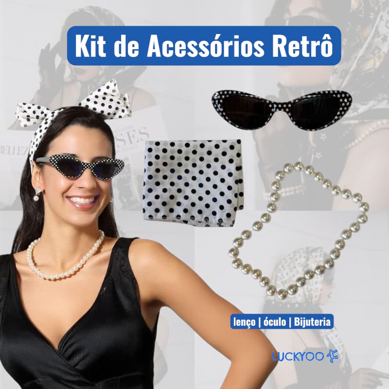 Acessórios Óculos + Lenço + Colar + Brinco Poá Preto Branco Fantasia Anos 50 Cosplay Retrô Pérola Fantasia Temática